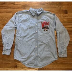 Vintage Warner Bros Button Up Taz WILD Denim Long Sleeve Shirt Mens Size Medium